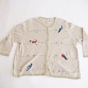 Vintage CJ Banks Beige Embroidered Bird Floral Button Front Knit Cardigan 3X
